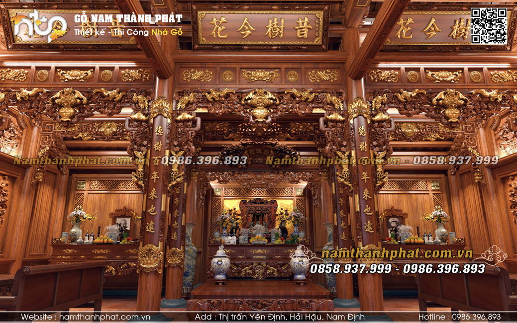 Không gian nội thất nhà thờ 3 gian đẹp có hậu cung